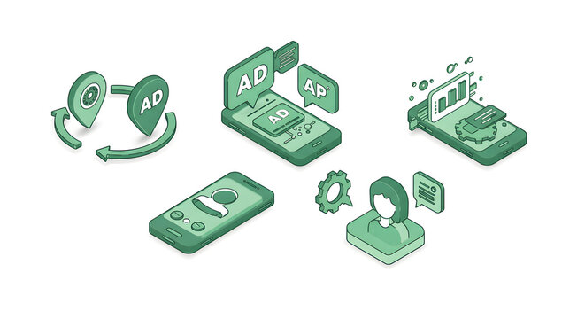 Isometric concept of a digital marketing strategy with mobile advertising, location targeting, and data analytics icons