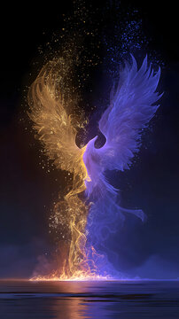 Persian Myth・Spiritual Light-Dust Battle | Golden Photon Streams Clashing with Violet Dark Matter in Nebula, Fire Altar at Convergence, Simurgh Silhouette from Sparks