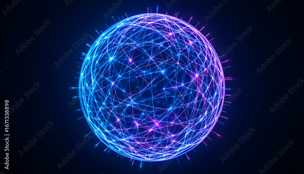Aufkleber dynamic glowing sphere of interconnected lines and nodes pulses with vibrant blue and pink energy, r