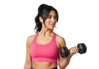 Fit woman holding a dumbbell, exercising with weights isolated on transparent background
