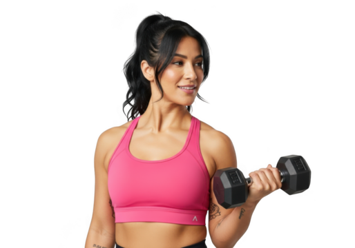 Fit woman holding a dumbbell, exercising with weights isolated on transparent background - Powered by Adobe