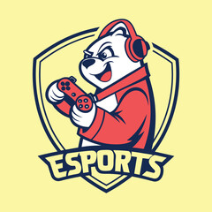 Bearish Esports Champion: A determined cartoon bear, wearing headphones, masterfully controls a game controller, set within a shield emblem. This graphic design encapsulates competitive gaming spirit.