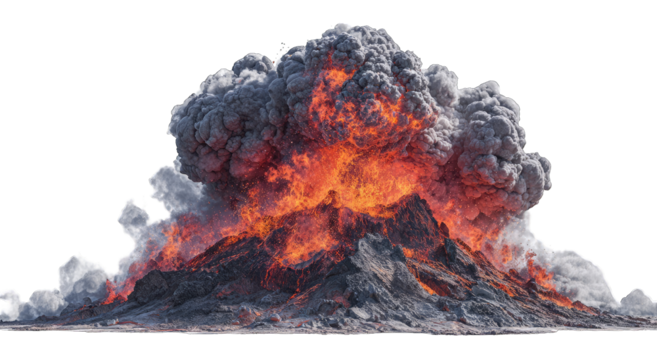 Volcanic eruption, fiery mountain, billowing smoke