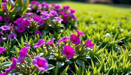 Obraz premium Colorful Spring Garden with Blooming Flowers and Greenery