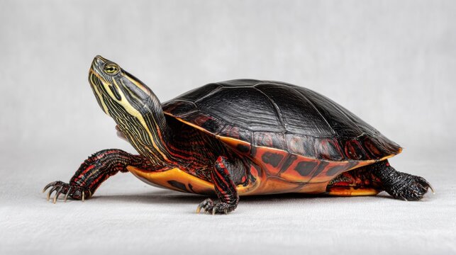 Colorful Painted Turtle on Gray Background Captured in Detail