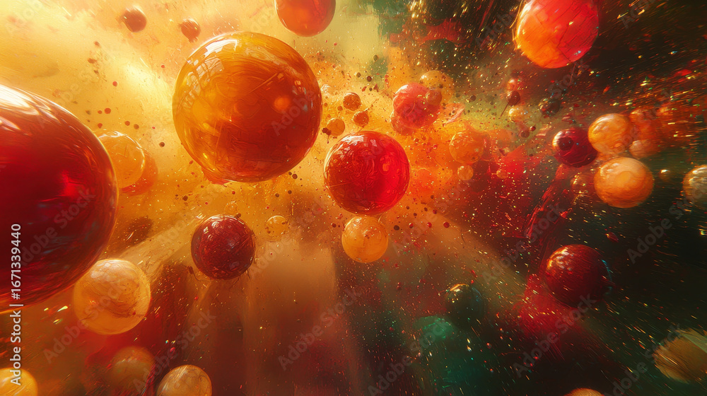 Poster vibrant spheres float in cosmic space, creating mesmerizing scene filled with warm colors and dynami
