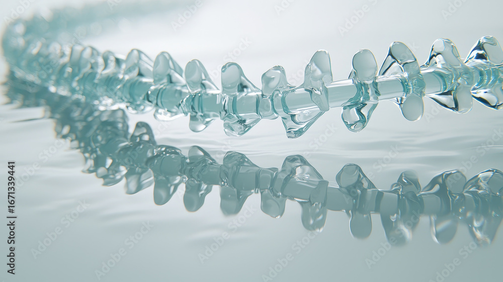 Poster transparent, wavy structure resembling spine is submerged in calm water, creating serene and reflect