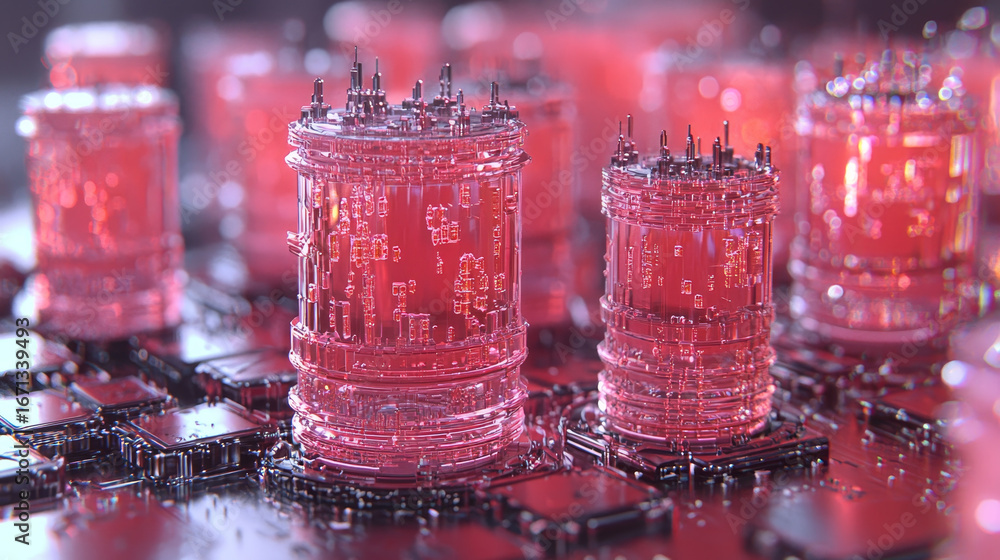 Aufkleber transparent polygonal layers stacked vertically create futuristic scene with glowing red structures 