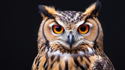 Fototapeta premium Majestic Owl with Striking Orange Eyes Against Dark Backdrop