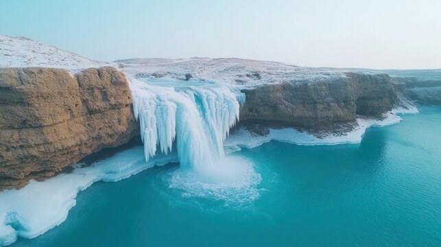 A breathtaking view of a frozen waterfall cascading into a turquoise pool surrounded by snowy cliffs