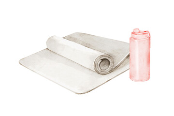 Watercolor illustration of rolled yoga mat with water bottle, isolated clipart for fitness branding, wellness lifestyle blogs, workout planners, sport packaging, meditation guides, self-care projects.