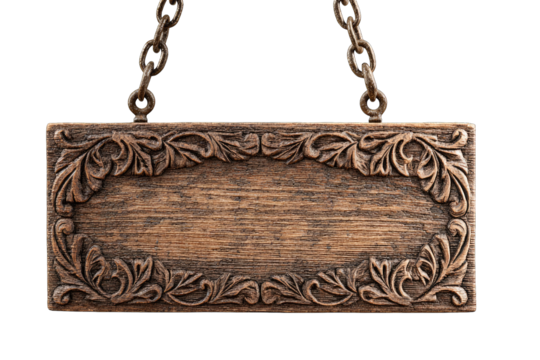 Ornate wooden sign, hanging by chain