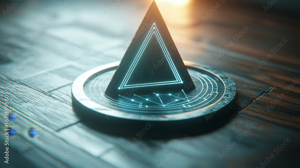 Poster glowing pyramid sits atop circular base with intricate patterns, casting mystical light on wooden su