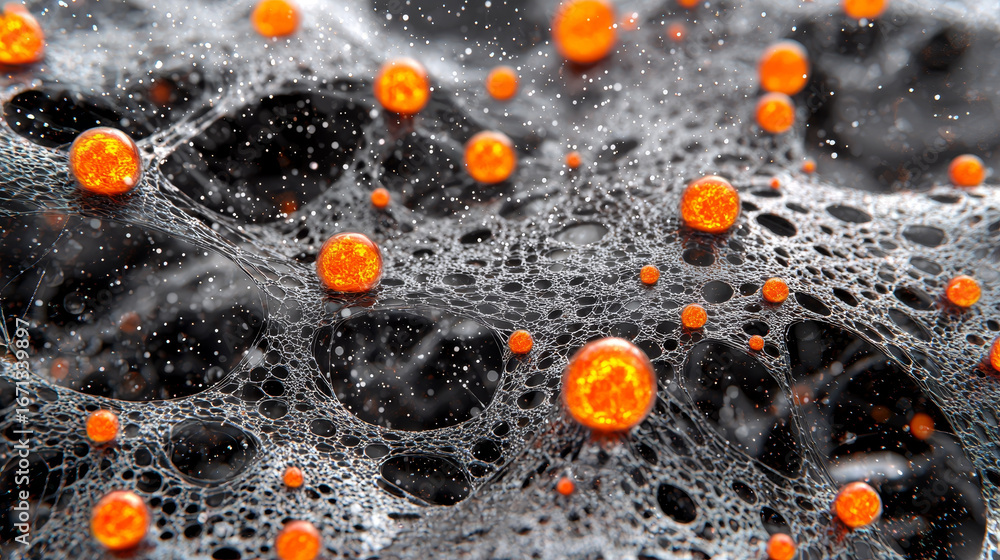 Aufkleber close up view of textured surface featuring intricate webs and glowing orange spheres, creating visu