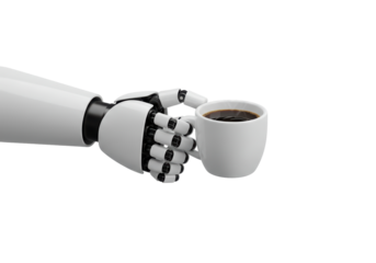 Isolated robotic hand holding a cup of coffee, future technology with machine assistance