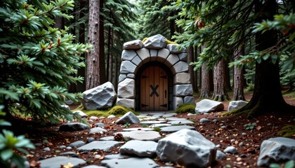 Secluded Forest Path with Stone Cave Entrance