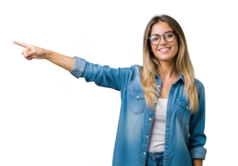 Young smiling woman wearing glasses and denim shirt, pointing to the left isolated on transparent background
