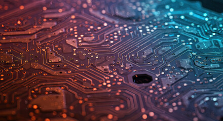Intricate circuit board detail showcasing a complex network of copper traces and components, highlighted by vibrant color gradients.