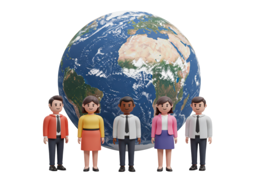 Isolated diversity concept showing earth and businesspeople in 3D rendering, global teamwork