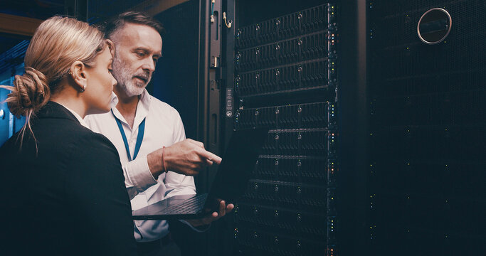 Cybersecurity, laptop and upgrade with people in server room together for network administration. Collaboration, computer and storage with tech support team in data center for firewall installation