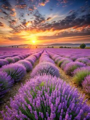 Obraz premium Lavender fields in full bloom at sunset