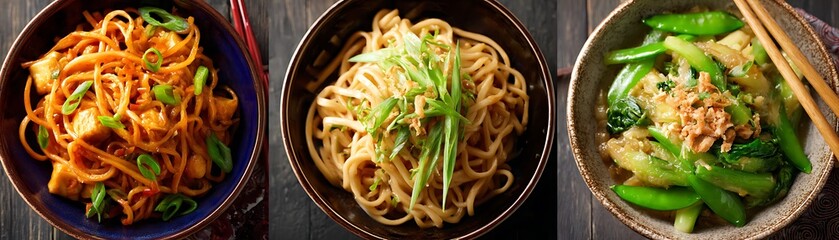 Assorted noodle dishes in bowls.