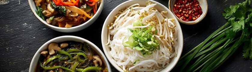 Assorted Asian dishes in white bowls on a dark surface.