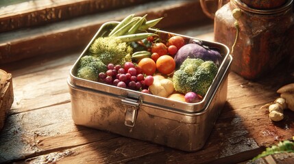 A vibrant assortment of fresh vegetables and fruits in a vintage metal lunchbox, beautifully arranged with natural lighting.