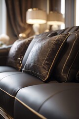 Close up of dark leather couch with decorative pillows.