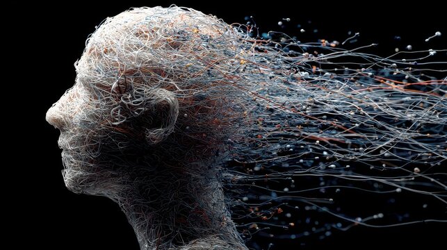 A human head exploding with chaotic wires, symbolizing sensory overload and mental strain.