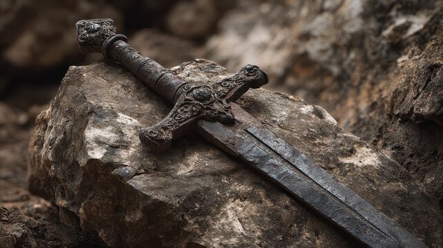 A powerful stone sword resting in a rock, a symbol of strength and medieval era. The sword has an ornate handle and crossguard. The rock is rugged and ... See MoreA powerful stone.