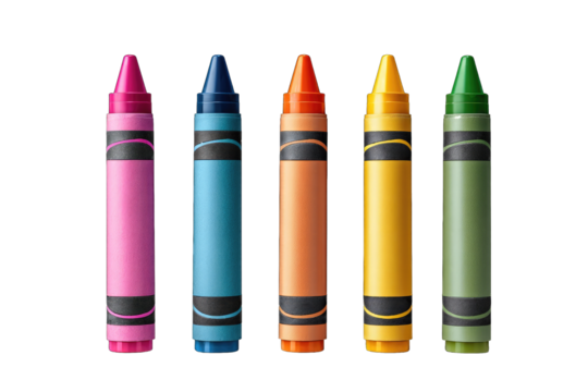 Five colorful crayons in a row