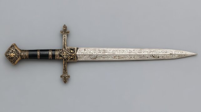 A silver sword with a black handle and a black cross on the hilt. - Powered by Adobe