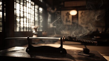 Obraz premium A traditional Japanese katana rests on a dark wooden stand, smoke rising in the background of a dimly lit room.