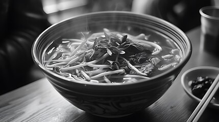 Close-up captures steaming bowl of traditional Asian noodle soup with fresh bean sprouts aromatic herbs tender meat presented in black and white photography for food culinary concept