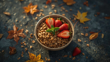 Fototapeta premium Crunchy Granola with Strawberries and Mint on Dark Stone with Autumn Leaves