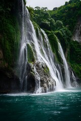 Fototapeta premium Cascading waterfall flows over mossy rocks into a tranquil pool.