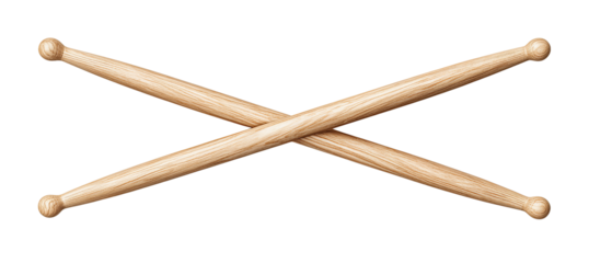 Pair of maple drumsticks crossed neatly with smooth tips and clean tapers, shown in a top-down view, isolated on transparent background.
