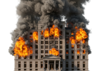 Isolated building in flames, architecture engulfed, structure ablaze, total destruction apparent