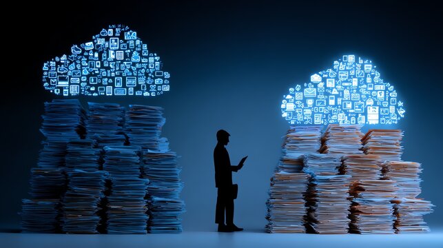 Cloud Computing, Data Storage, Digital Transformation, Businessman comparing physical and digital files. - Powered by Adobe