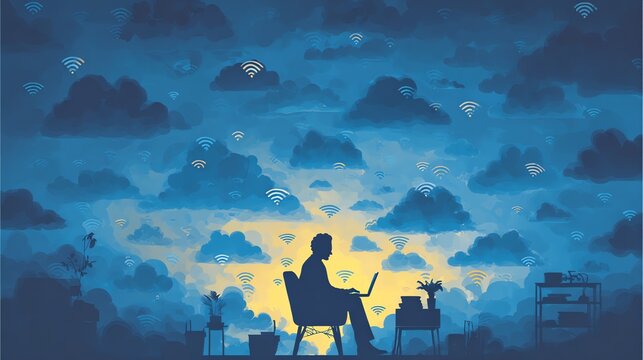 Man Working on Laptop, Cloud Computing, Wireless Network, Digital Nomad Concept