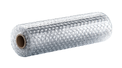 Cylindrical bubble wrap roll with neat edge and visible air cells, shown in horizontal orientation from a slight top-down angle, isolated on transparent background.
