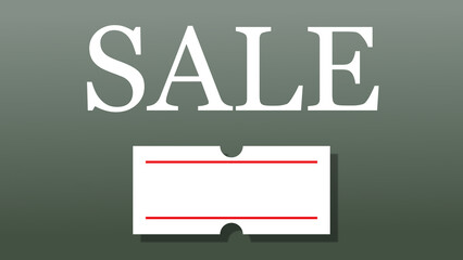 A green gradient background with the word SALE written in large, bold, white letters at the top. Below, a blank white coupon or price tag
