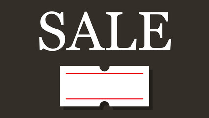 A black background with the word SALE written in large, bold, white letters at the top. Below, a blank white coupon or price tag