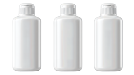 Set of three silicone travel bottles with flip caps, arranged neatly in a row, isolated on transparent background.
