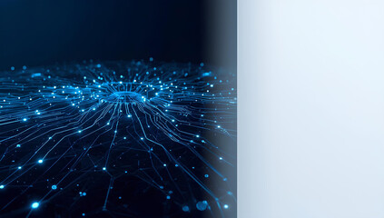 A close-up of a futuristic circuit board with glowing blue lines and dots against a dark background, with a bright, clean white space on the right side.