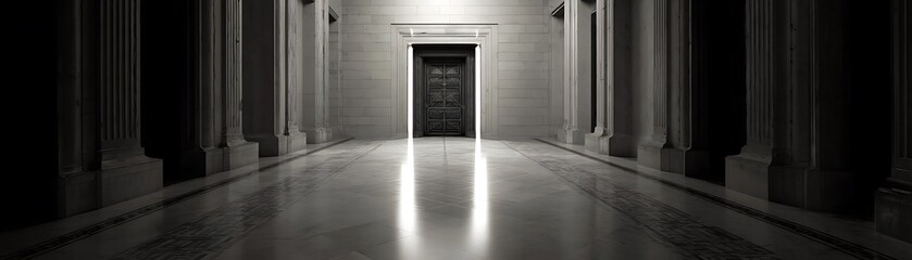 Fototapeta premium A long hallway with pillars and a dark doorway.