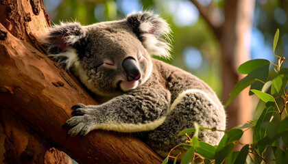 Obraz premium Sleeping Koala on Eucalyptus Tree Branch