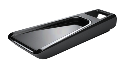 Mandoline slicer with slim angled body, adjustable platform, and smooth handguard, designed for precise cutting, isolated on transparent background.
