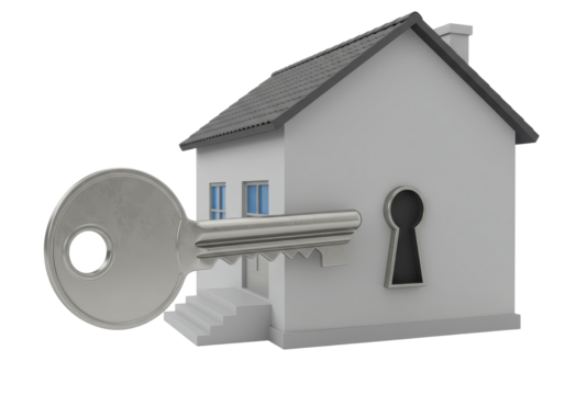 Isolated Symbolic Key Unlocking a House Structure with Stairs Representing Security